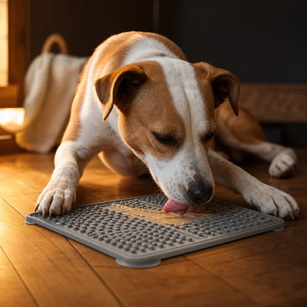 Dog using a licking mat